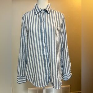 UNIQLO 100% Linen Blue White Striped Button-Up Shirt XL Lightweight